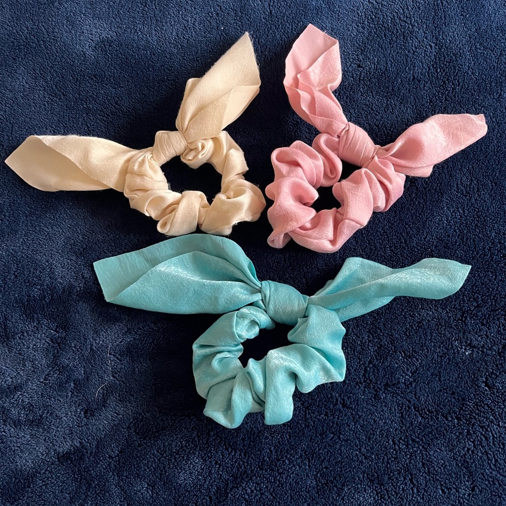 Set of Three Satin Bow Scrunchies - Pink, Blue, and Cream